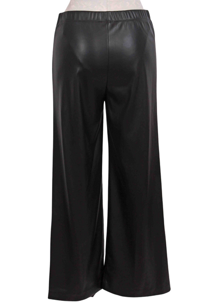 back view of Black Soft Faux Leather Pull-On Cropped Button Up Hem Pants by Fifteen Twenty