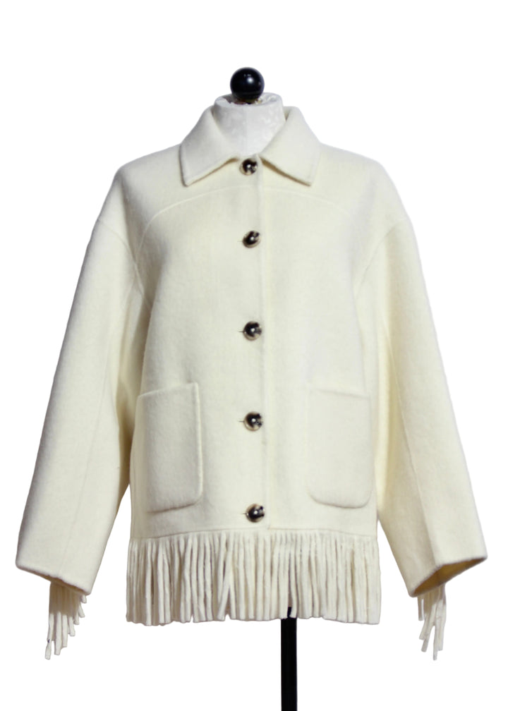 Cream colored Yara Fringe Jacket by Fifteen Twenty