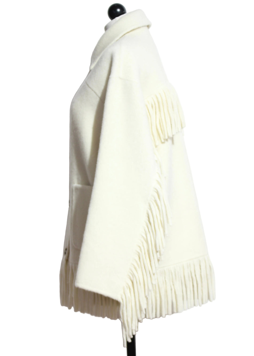 Side view of Cream colored Yara Fringe Jacket by Fifteen Twenty