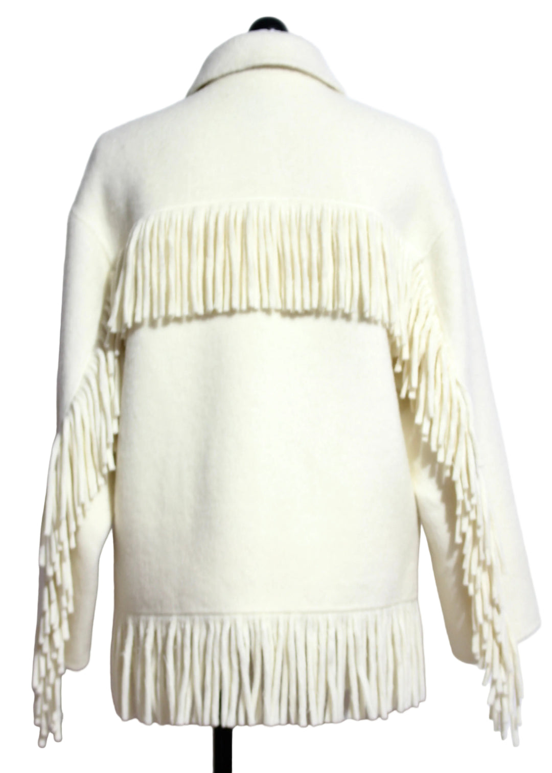 Back view of Cream colored Yara Fringe Jacket by Fifteen Twenty