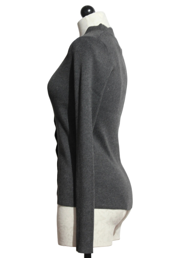 Side view of The Charcoal Bliss Scallop Edge Cardigan by Fifteen Twenty
