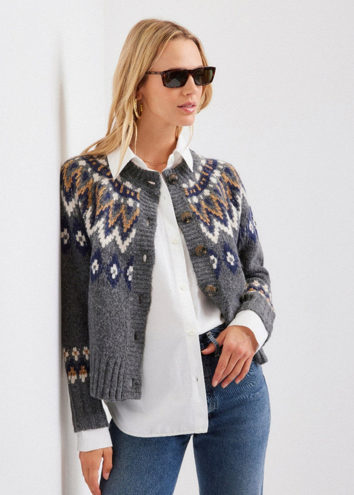 Model wearing the Alina Mixed Media Cardigan