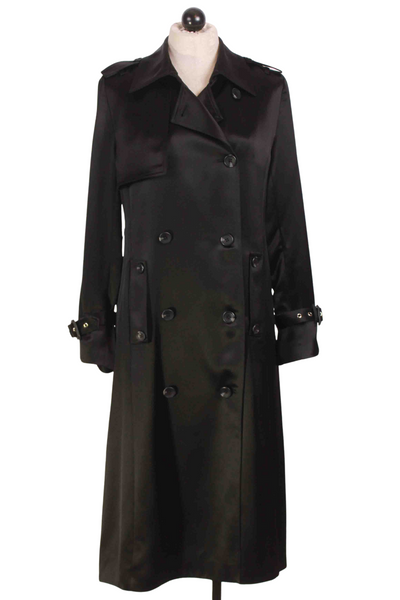 Belted Black Satin Trench Coat by Jessie Liu with belted sleeve straps