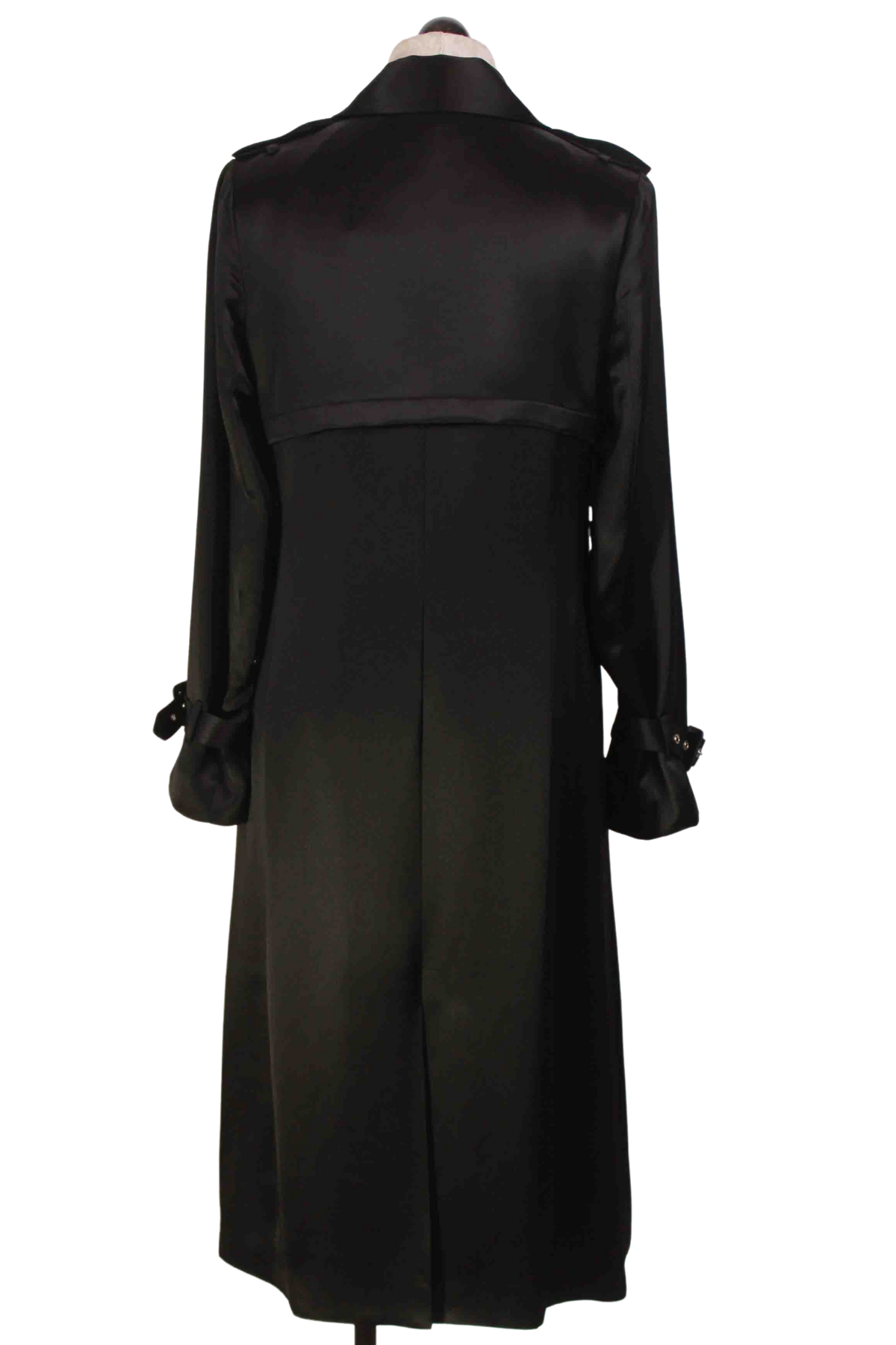 back view of Belted Black Satin Trench Coat by Jessie Liu with belted sleeve straps