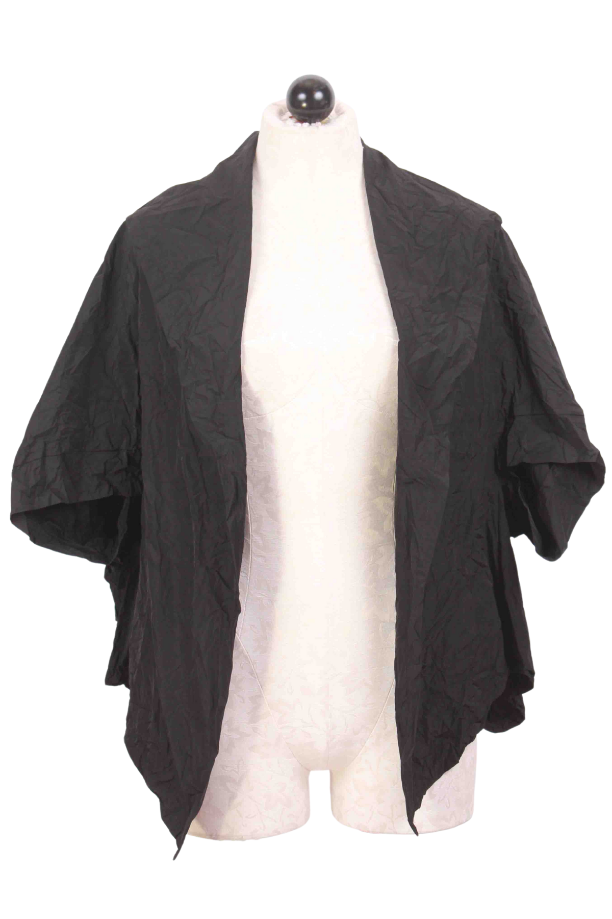 black Short Sleeve Crinkle Open Front Jacket by Reina Lee
