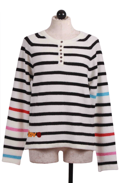 Black and White horizontal striped Henley style Sweater by Just Madison