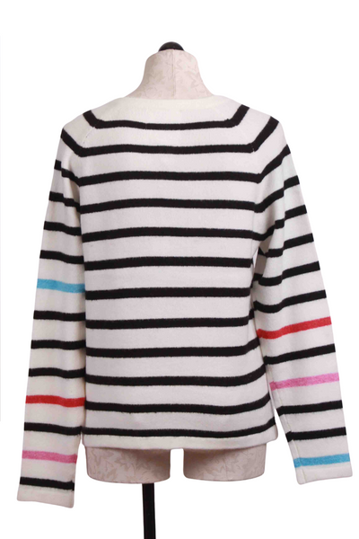 back view of Black and White horizontal striped Henley style Sweater by Just Madison