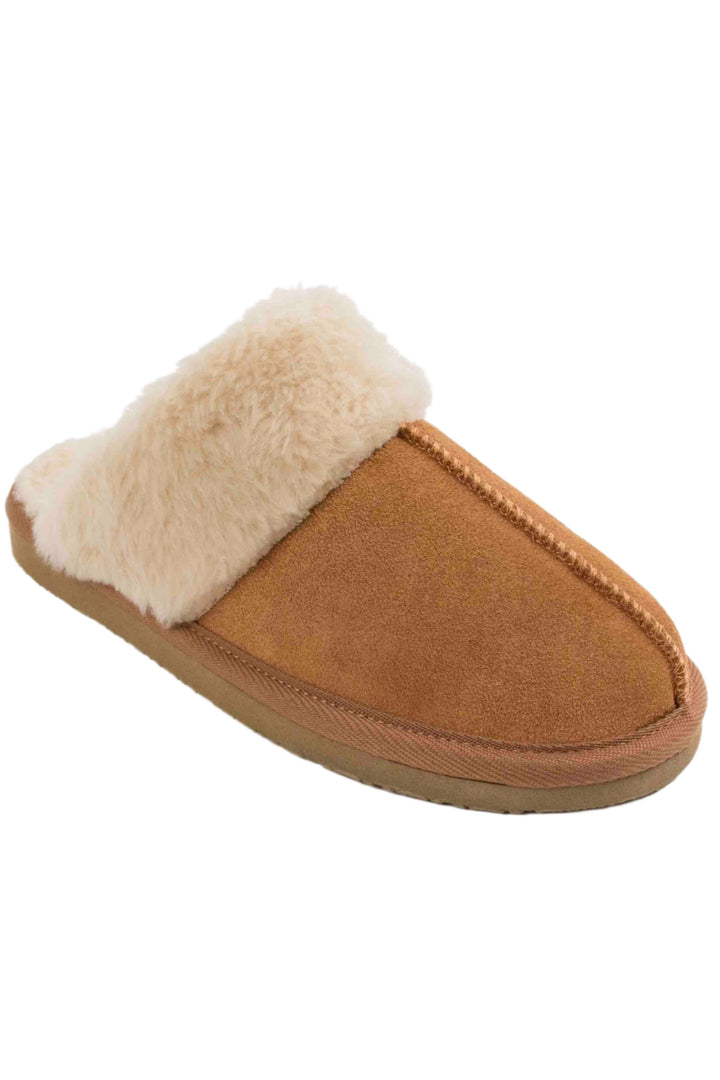 front angled view of Cinnamon colored Women's Best-Selling Suede Cozy Lined Chesney Slipper by Minnetonka