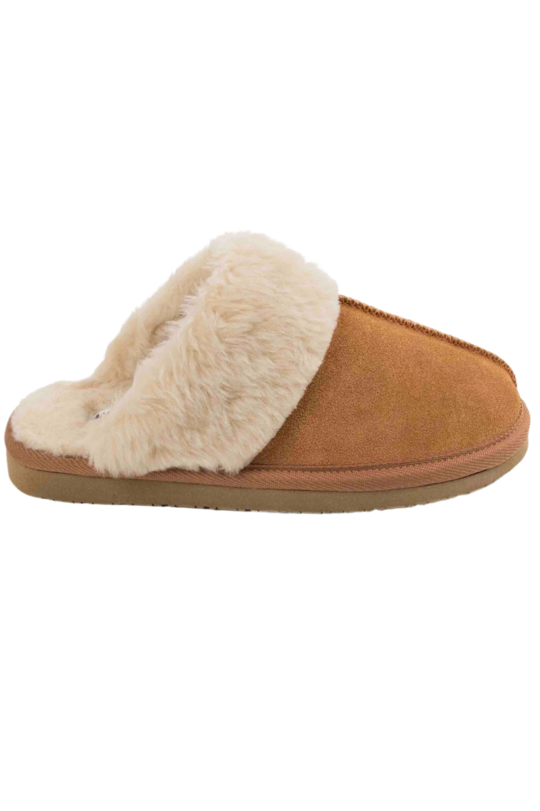 Side view of Cinnamon colored Women's Best-Selling Suede Cozy Lined Chesney Slipper by Minnetonka