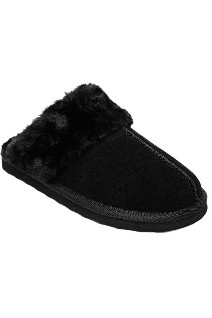 front angled view of Black colored Women's Best-Selling Suede Cozy Lined Chesney Slipper by Minnetonka