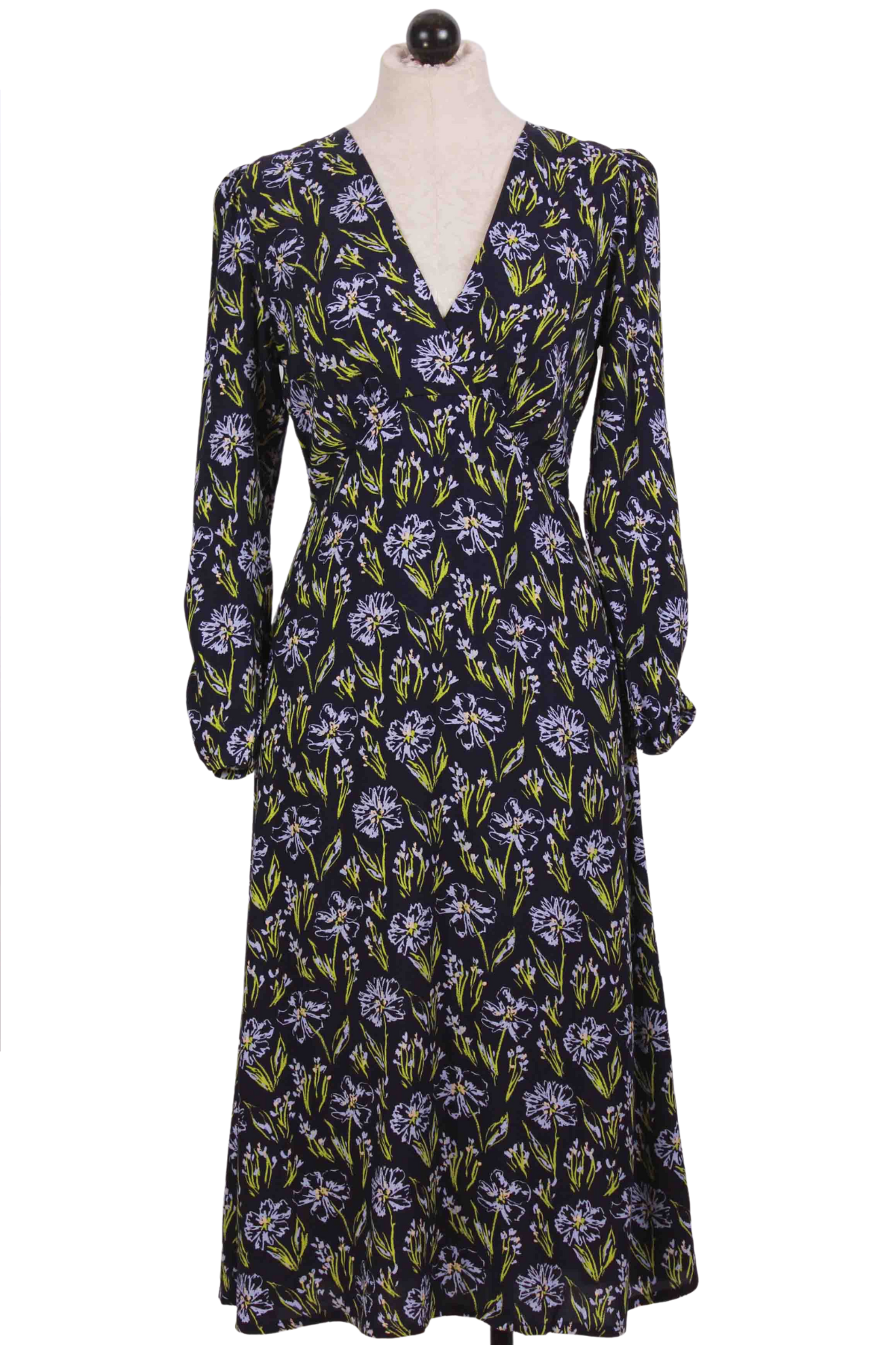 Long Sleeve Floral Ruched Sleeve V Neck Dress by Compania Fantastica