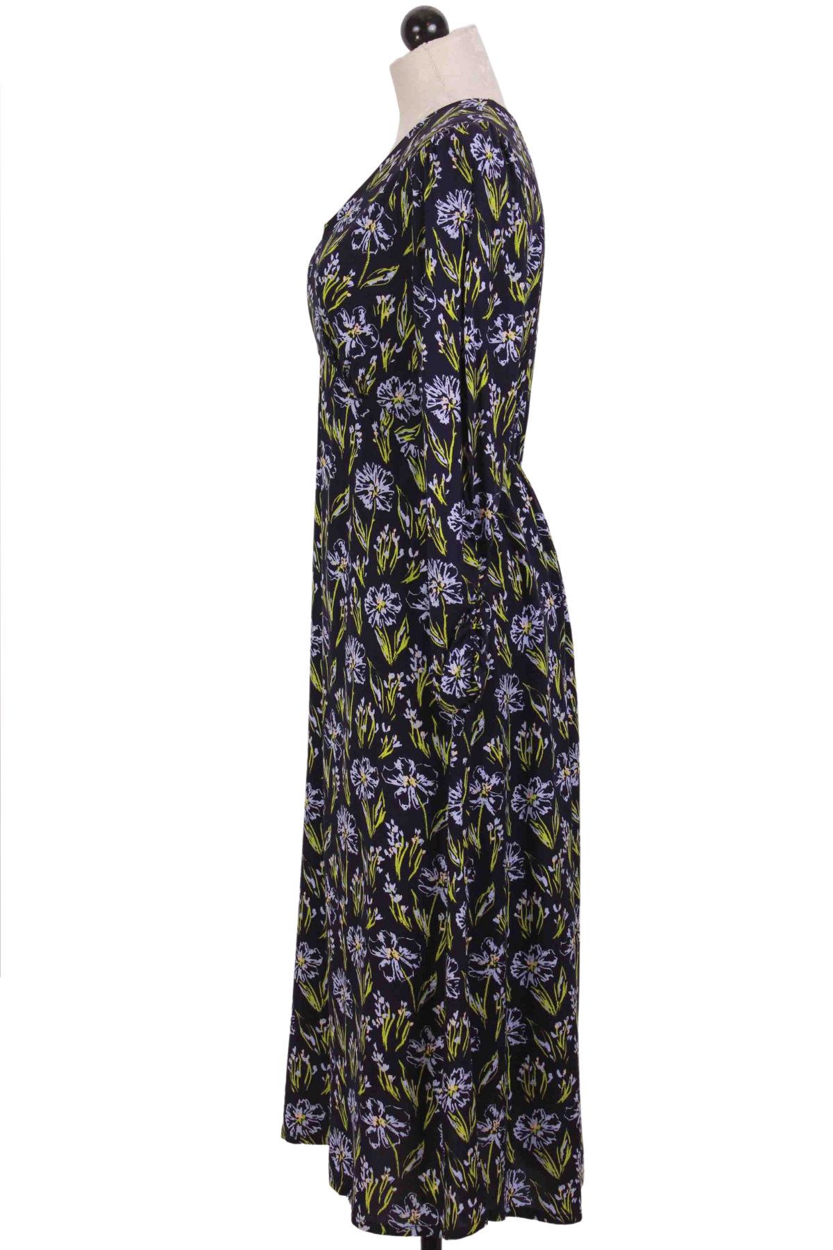side view of Long Sleeve Floral Ruched Sleeve V Neck Dress by Compania Fantastica