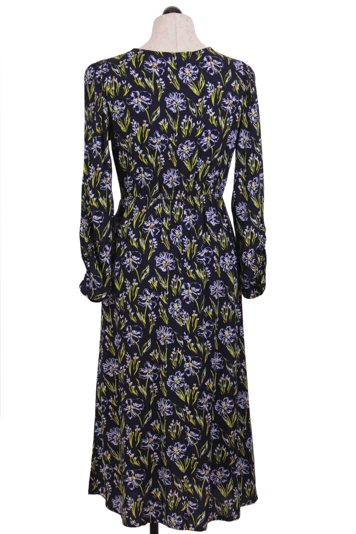 back view of Long Sleeve Floral Ruched Sleeve V Neck Dress by Compania Fantastica