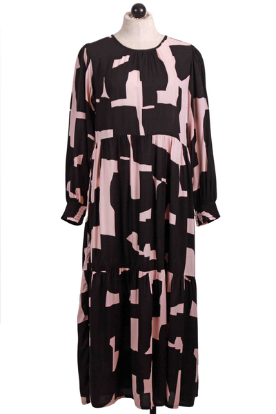 Pink and Black Long Sleeve Tiered Midi Length Dress in an Abstract Print by Compania Fantastica