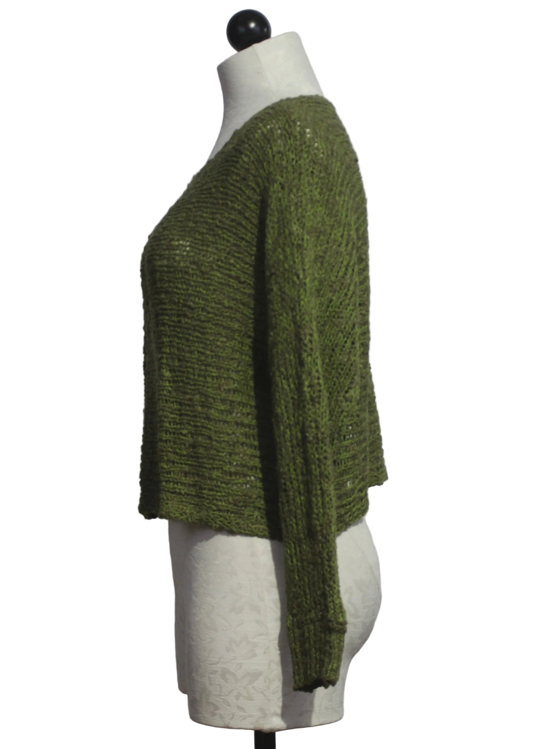 Side view of The Laguna Long Sleeve Cropped Pullover by Island Tribe Knits in Avocado