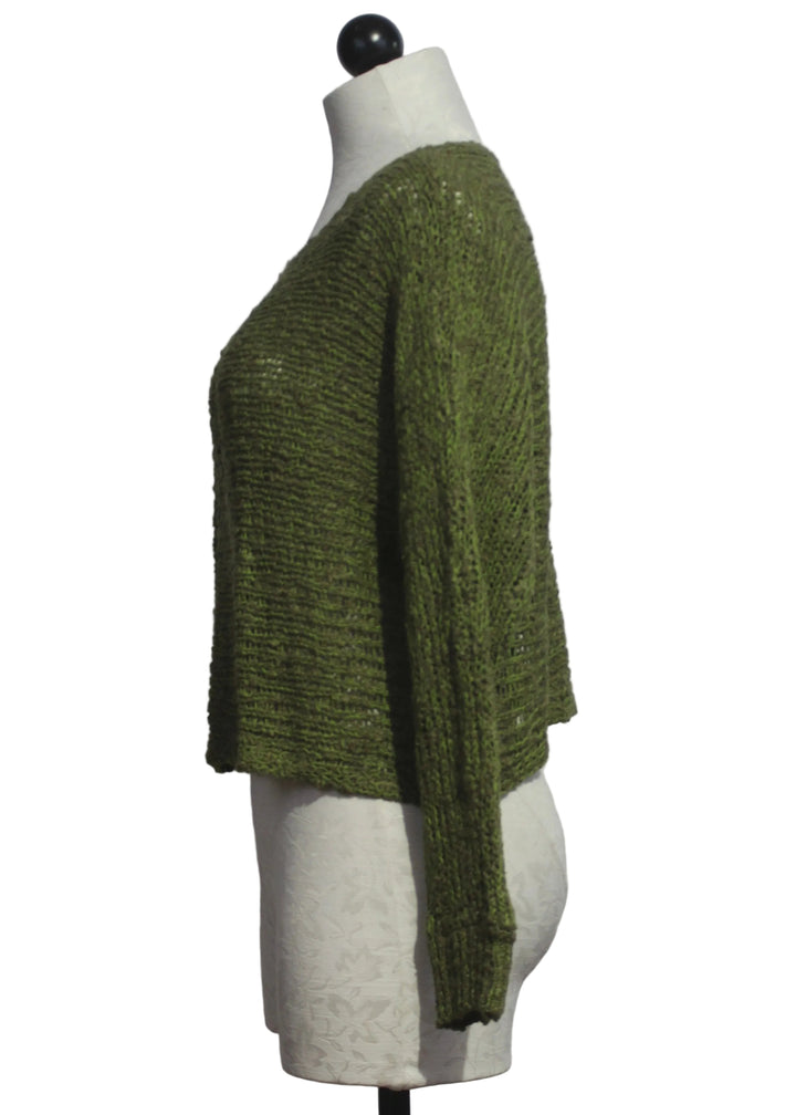 Side view of The Laguna Long Sleeve Cropped Pullover by Island Tribe Knits in Avocado