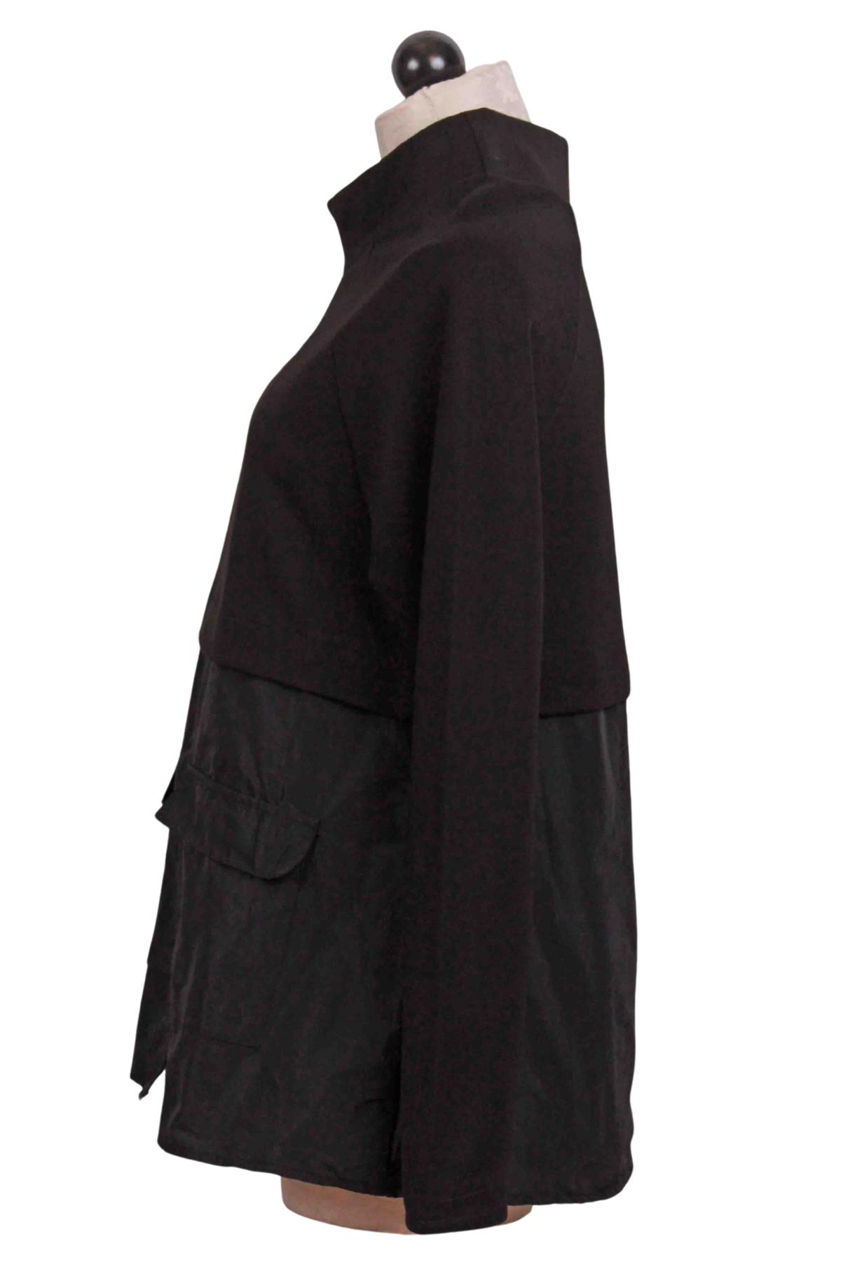 side view of black Funnel Neck Robin Tunic Top by Kozan