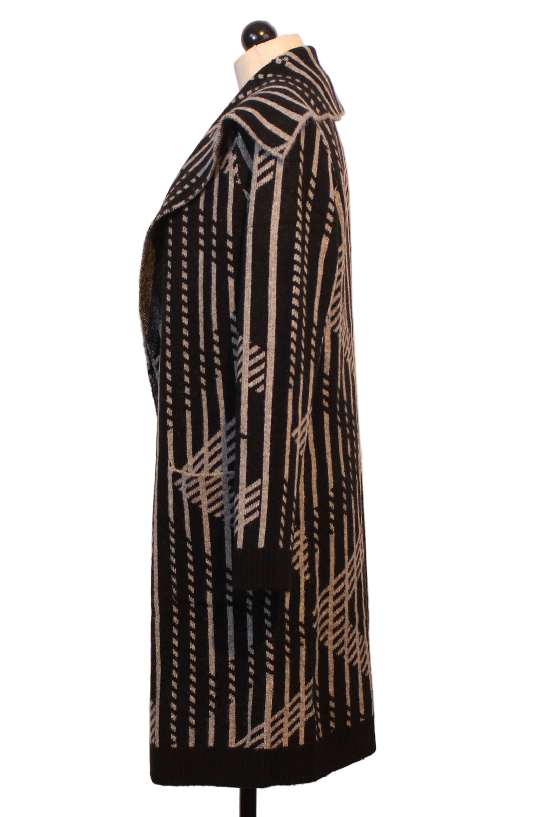 side view of Black and Charcoal Long Striped Open Front Cardigan by Alison Sheri 