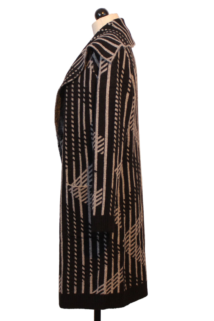 side view of Black and Charcoal Long Striped Open Front Cardigan by Alison Sheri 