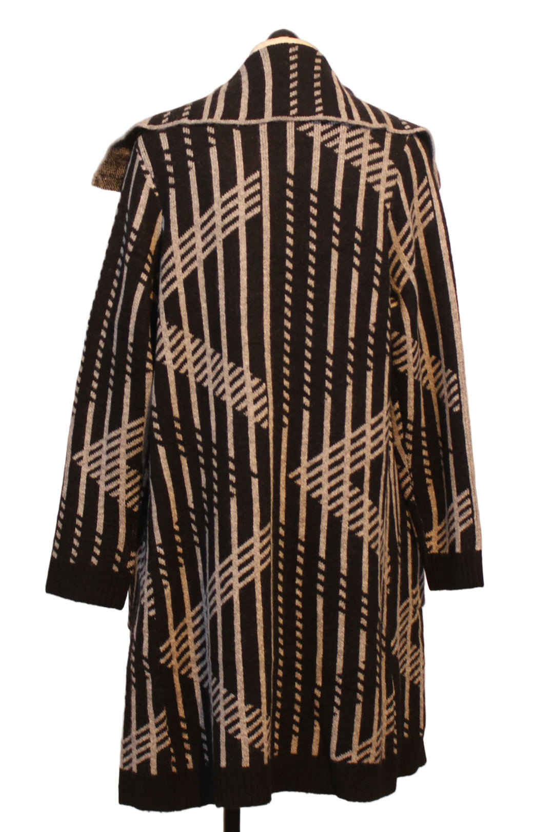 back view of Black and Charcoal Long Striped Open Front Cardigan by Alison Sheri 