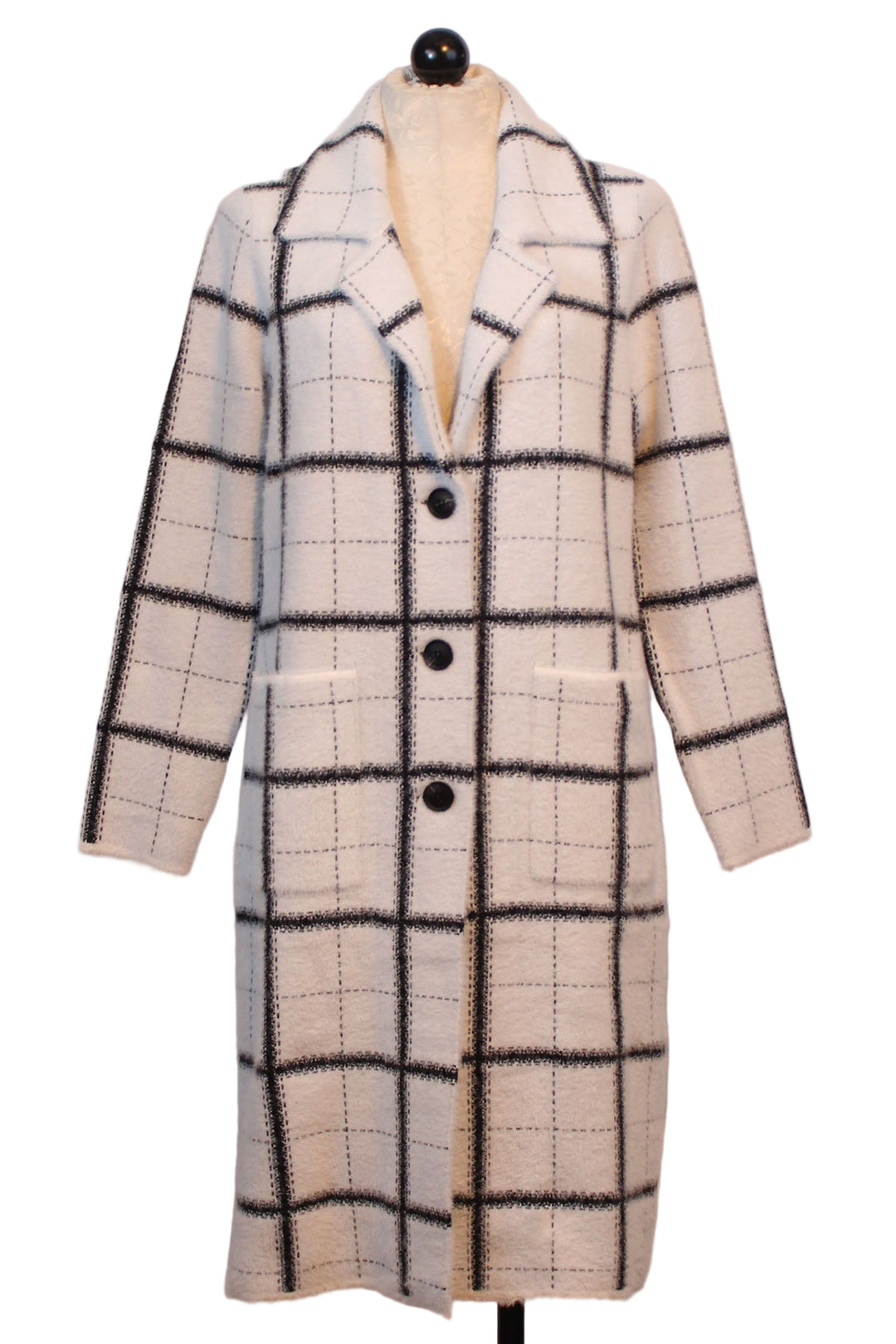 White with Black Plaid Button Front Cardigan Coat by Alison Sheri 