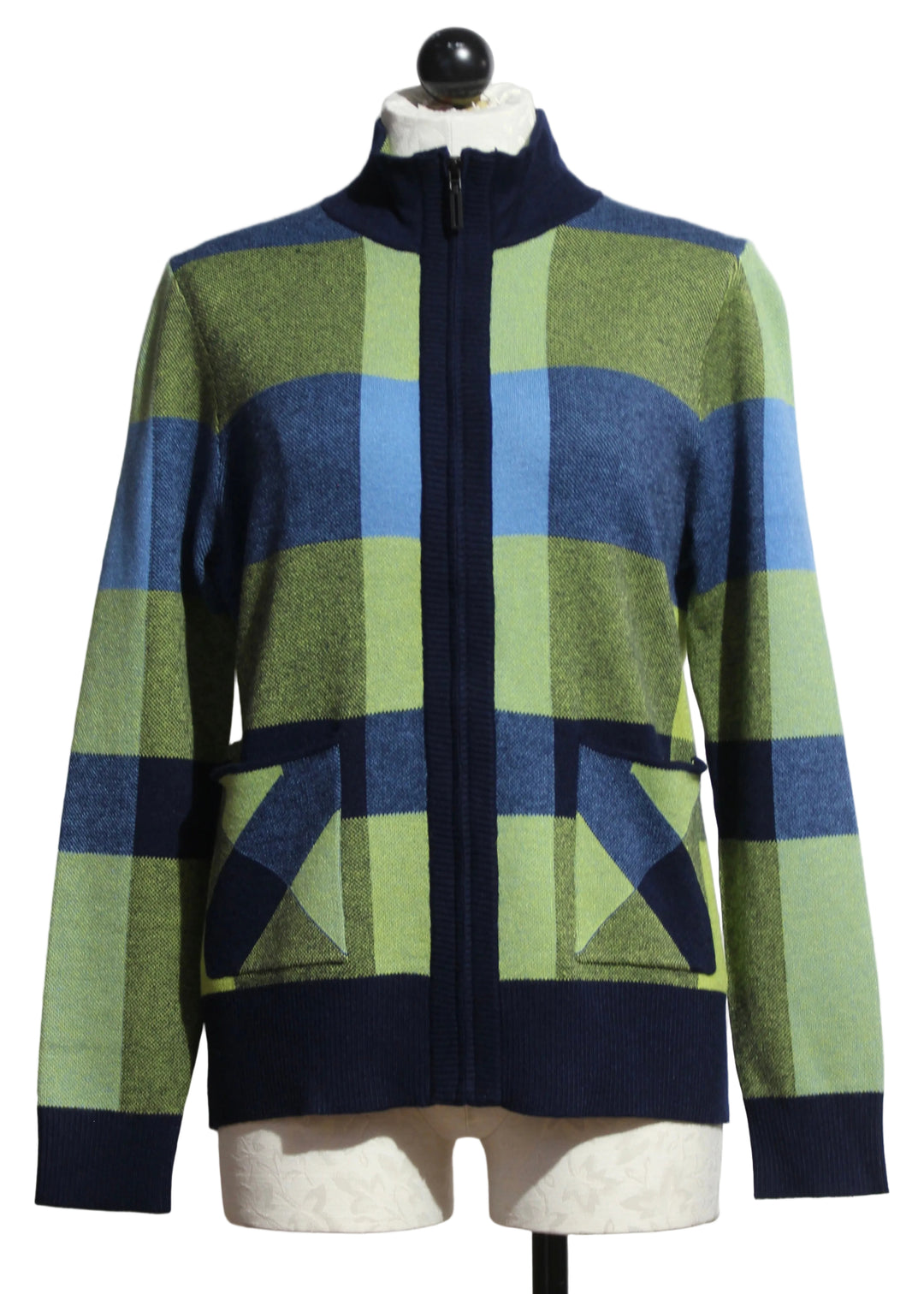 The Blue Green Plaid Zip Front Cardigan by Alison Sheri 