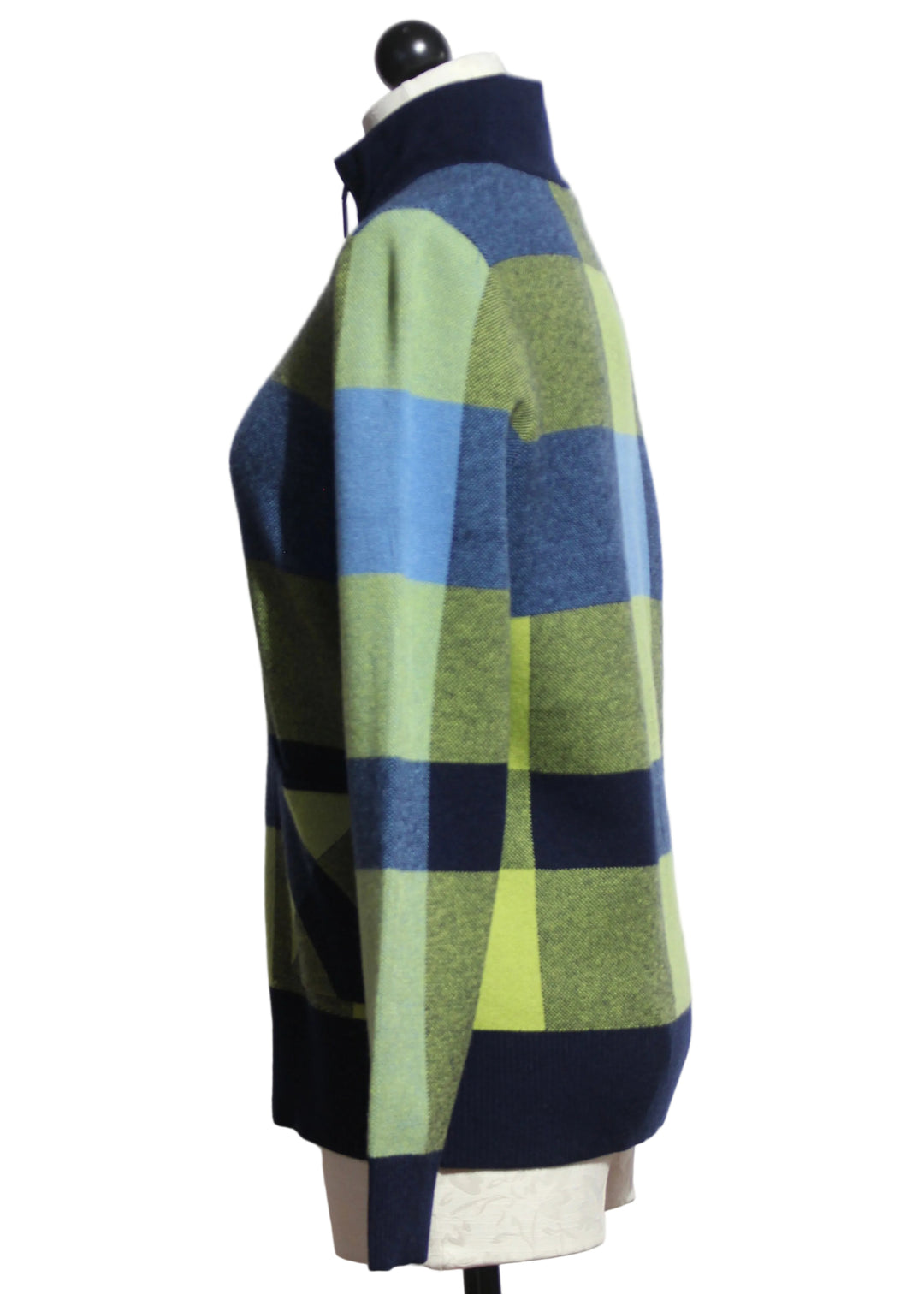 Side view of The Blue Green Plaid Zip Front Cardigan by Alison Sheri 
