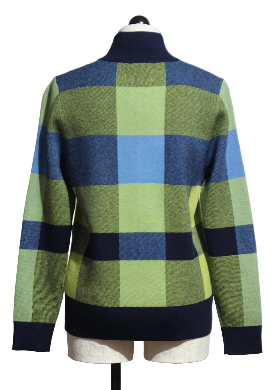 Back view of The Blue Green Plaid Zip Front Cardigan by Alison Sheri 