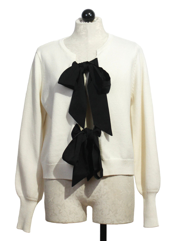 Cream colored Black Ribbon tied Cardigan by Fifteen Twenty