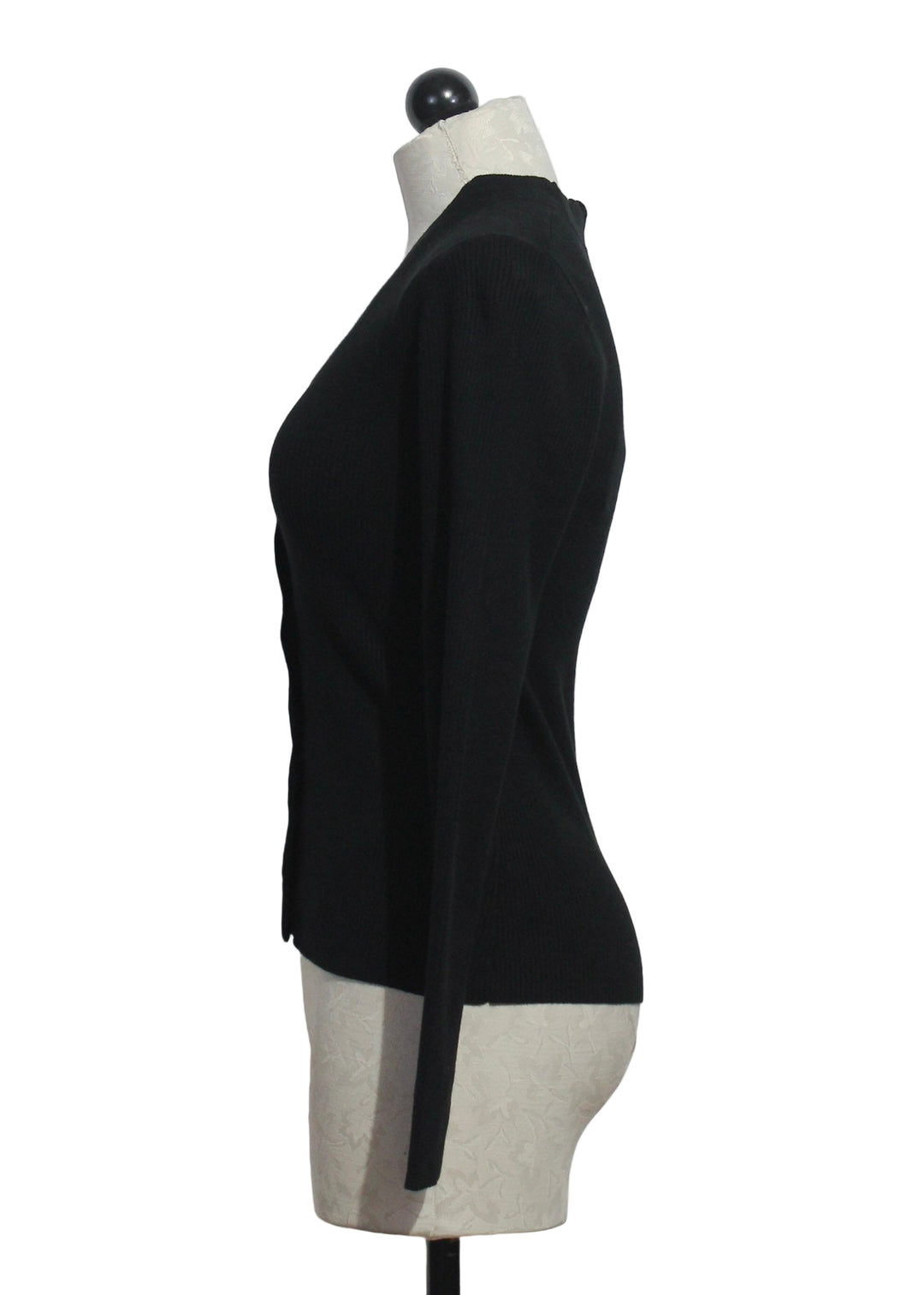 side view of Black Bliss Ribbed Scallop Edge Cardigan by Fifteen Twenty