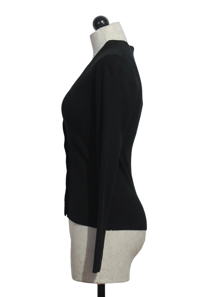 side view of Black Bliss Ribbed Scallop Edge Cardigan by Fifteen Twenty