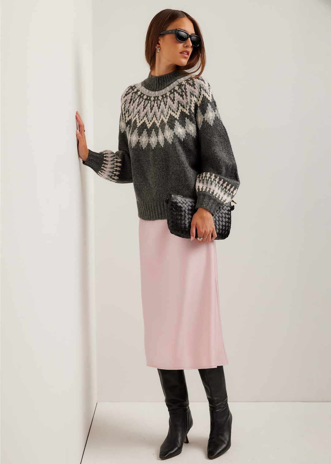 Full view of model wearing the Zarah Jacquard Sweater by Fifteen Twenty