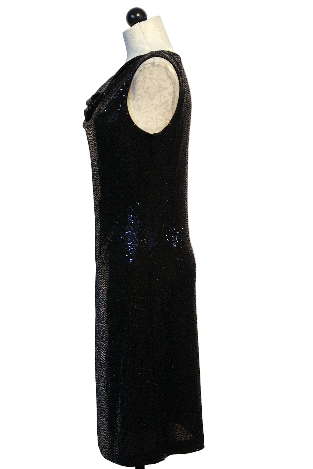 side view of Black Sleeveless Sequined Cowl Neck Dress by Compli K