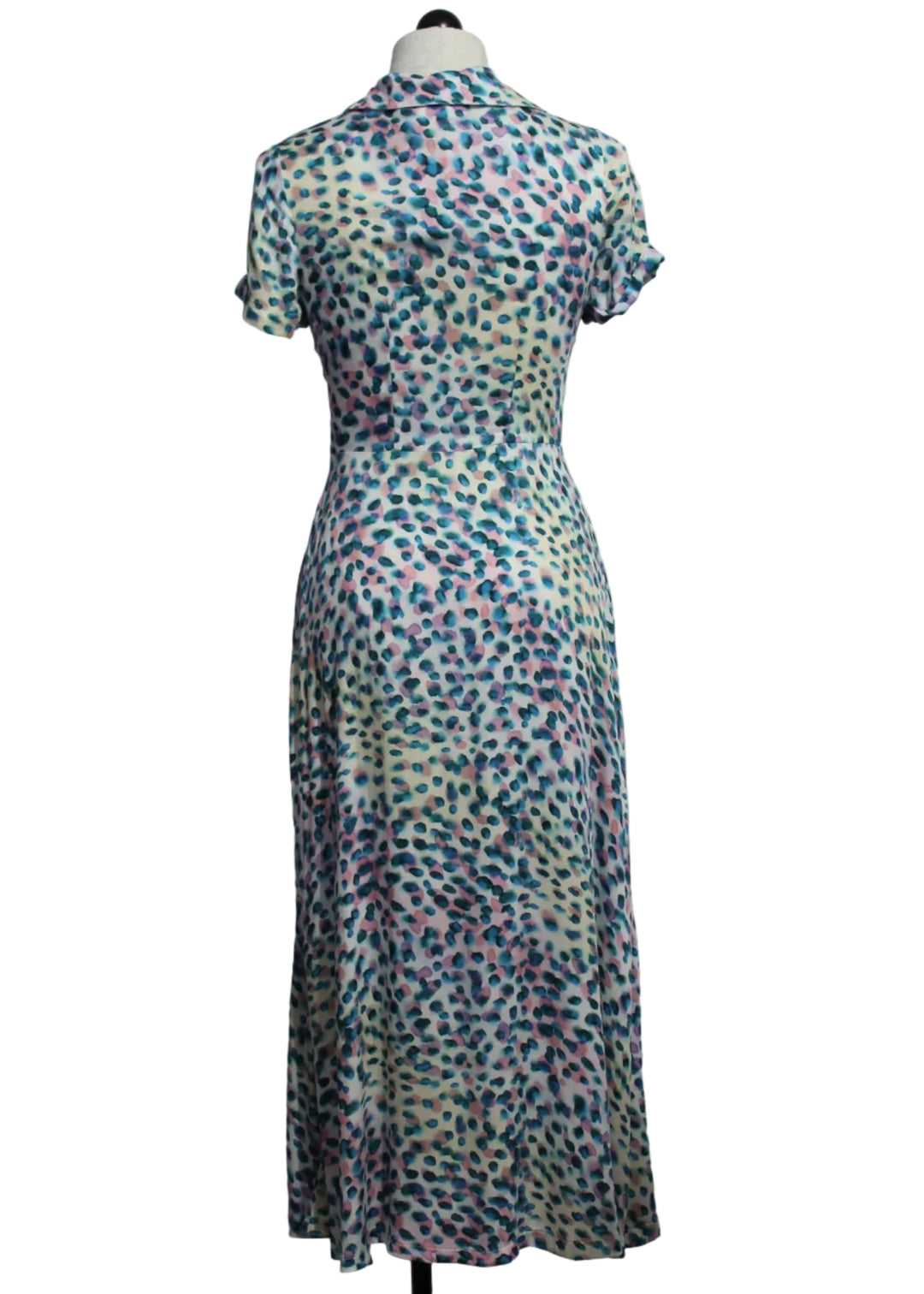 back view of Short Sleeve Blue Leopard Print Dress by Aldo Martins