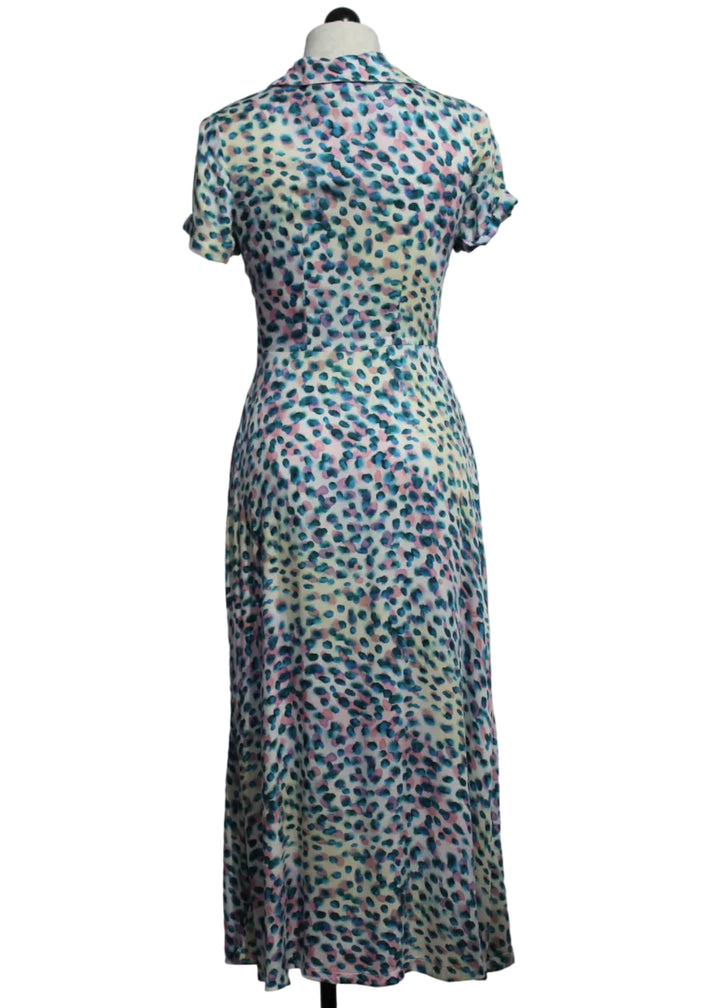 back view of Short Sleeve Blue Leopard Print Dress by Aldo Martins