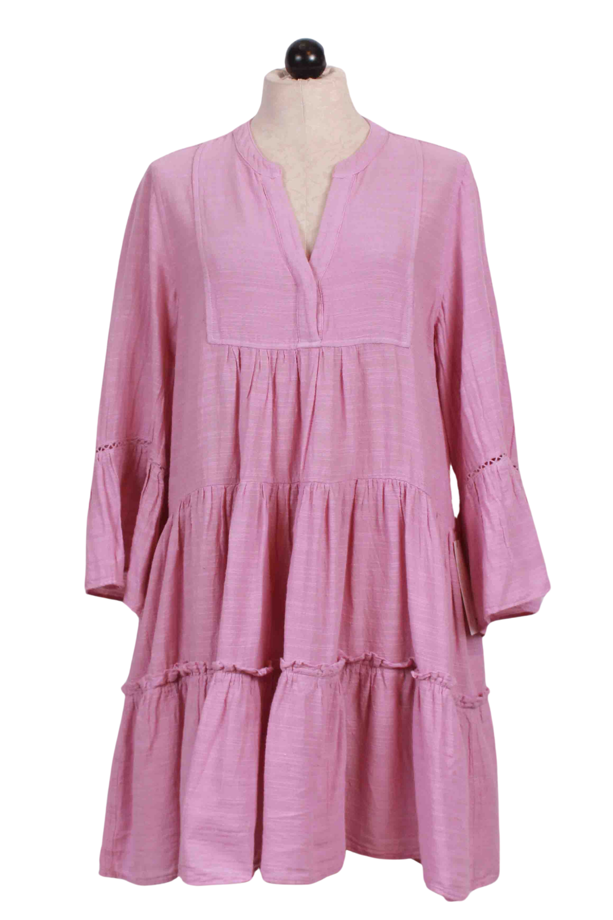 Rose/Lilac Tiered, Bell Sleeve Rose Lilac Gauze Dress by Pearl & Caviar