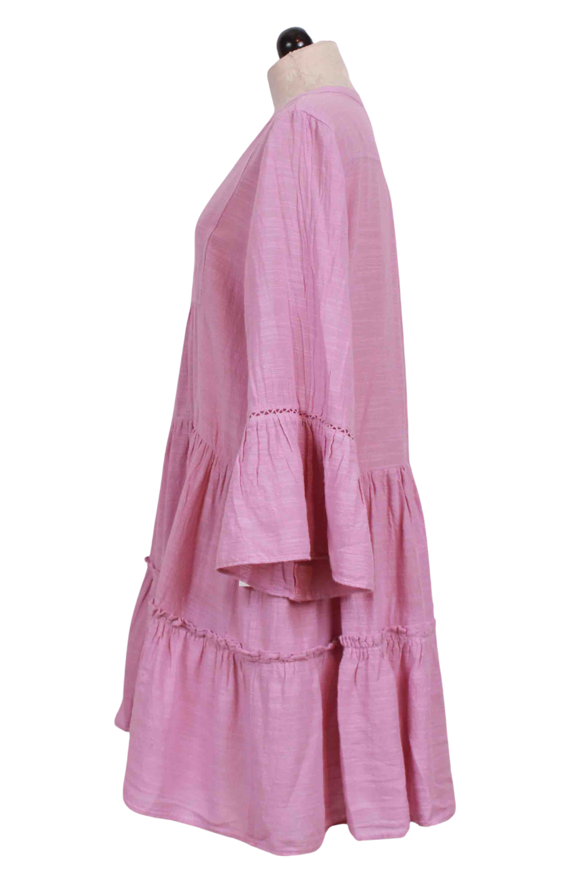 side view of Rose/Lilac Tiered, Bell Sleeve Rose Lilac Gauze Dress by Pearl & Caviar