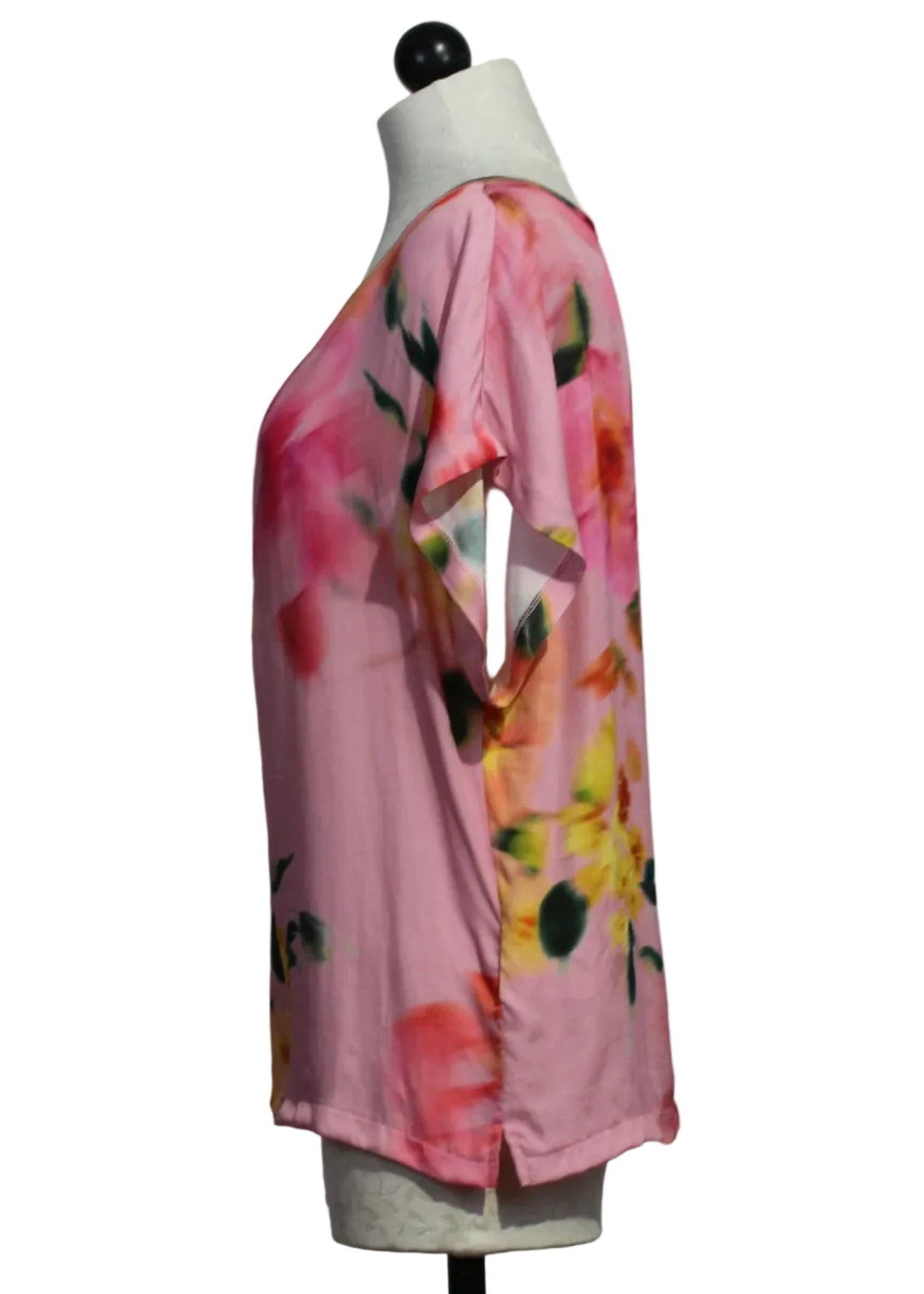 side view of Pink Faded Floral Cap Sleeve Top by Aldo Martins