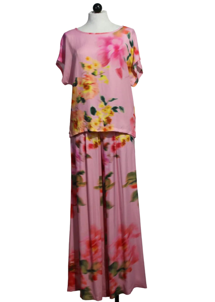 Pink Faded Floral Pleated Front Pant by Aldo Martins paired with the matching Pink Faded Floral Cap Sleeve Top by Aldo Martins