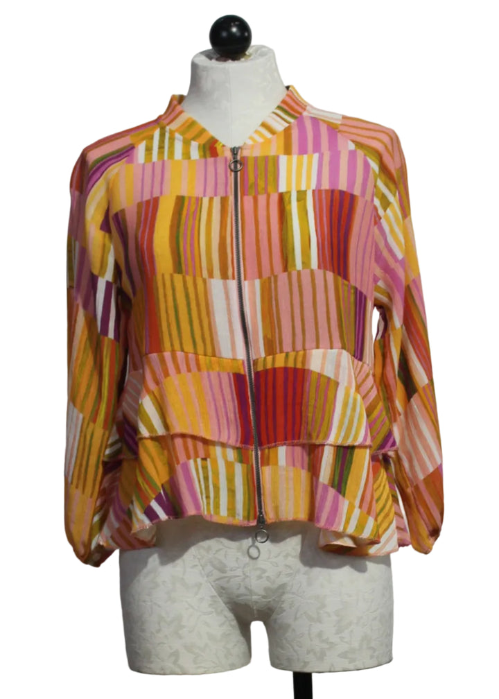 Multicolored  Zip Front Striped Jacket with Tiered Ruffle Bottom by Aldo Martins 