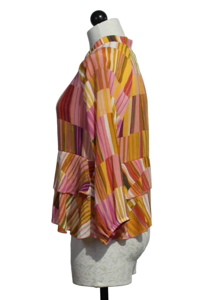 side view of Multicolored  Zip Front Striped Jacket with Tiered Ruffle Bottom by Aldo Martins 