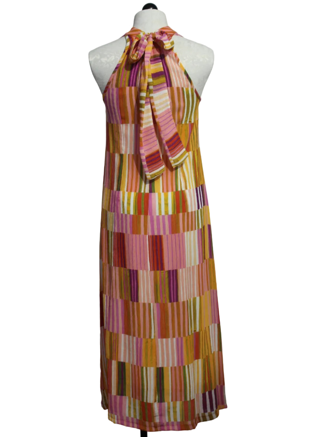 back view of The Sleeveless Striped Tie Back Midi Dress by Aldo Martins