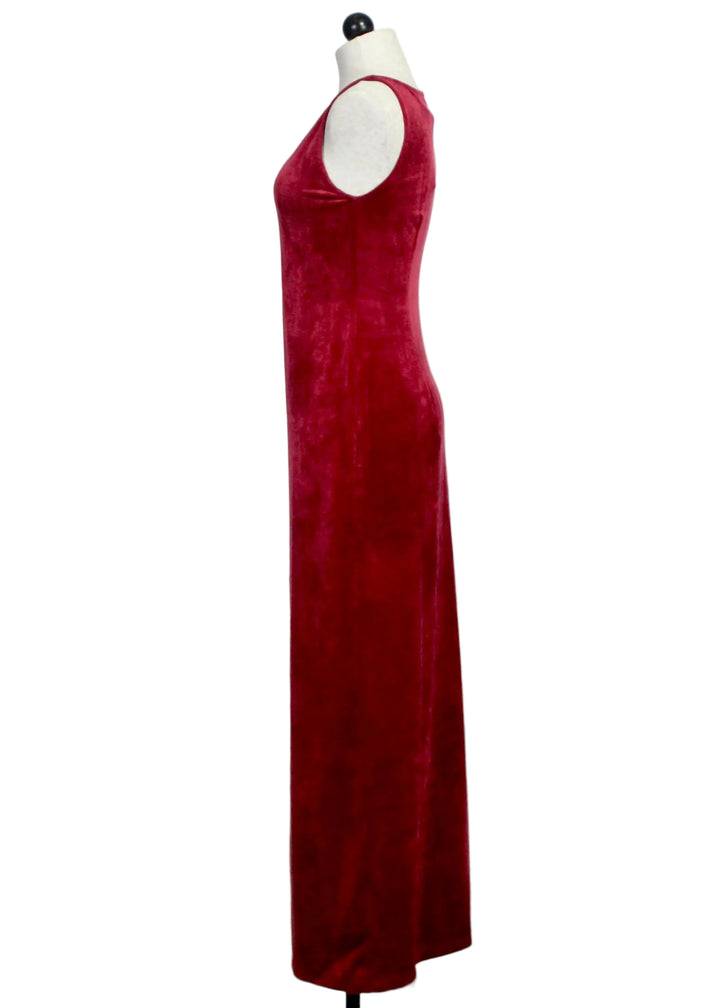 Side view of The Sleeveless Velvet Maxi Dress by Aldo Martins in Garnet