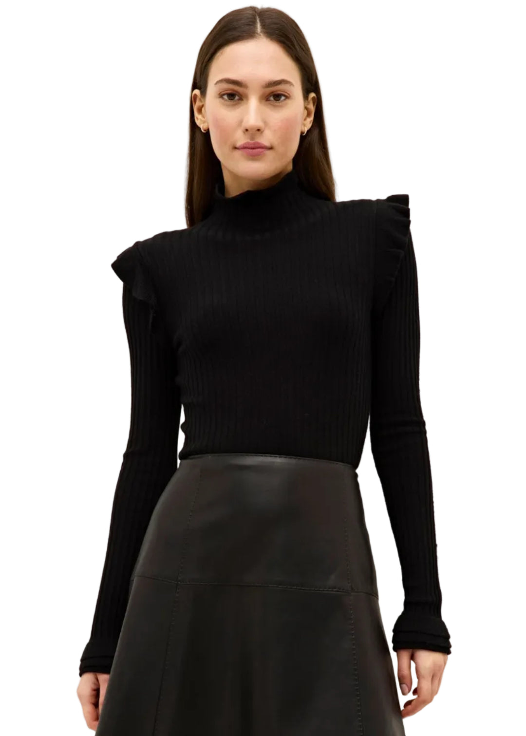 model wearing the BLACK ribbed Tinley Turtleneck by Marie Oliver