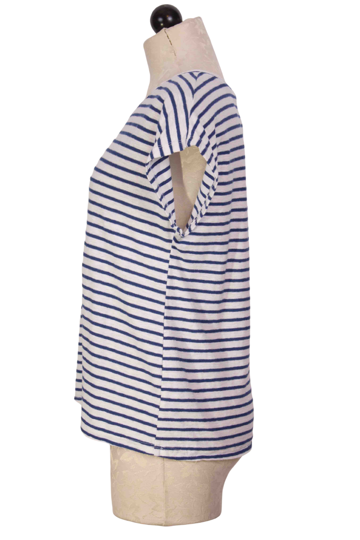 side view of Short Sleeve Navy Striped Boatneck Boxy Top by Cut Loose