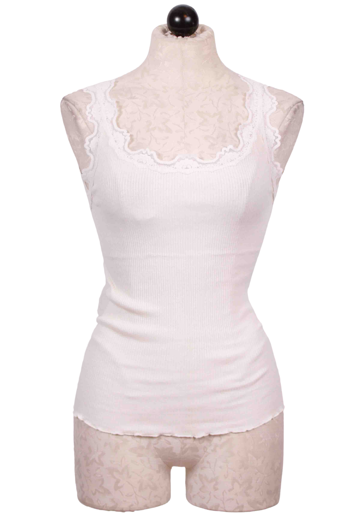New White Babette Silk Cami with Vintage Lace Trim by Rosemunde