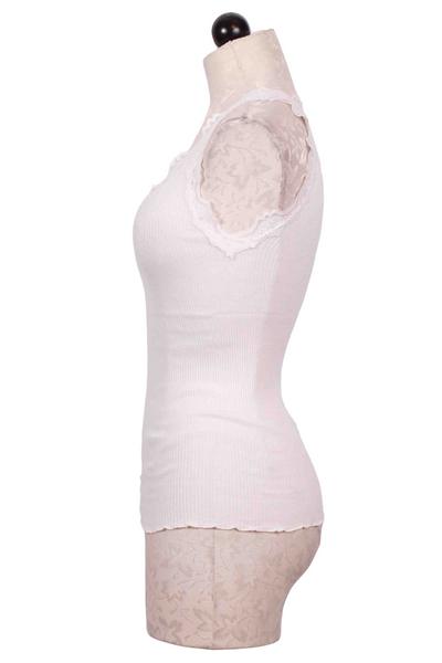 side view of New White Babette Silk Cami with Vintage Lace Trim by Rosemunde