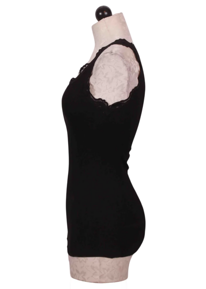 side view of black Babette Silk Cami with Vintage Lace by Rosemunde