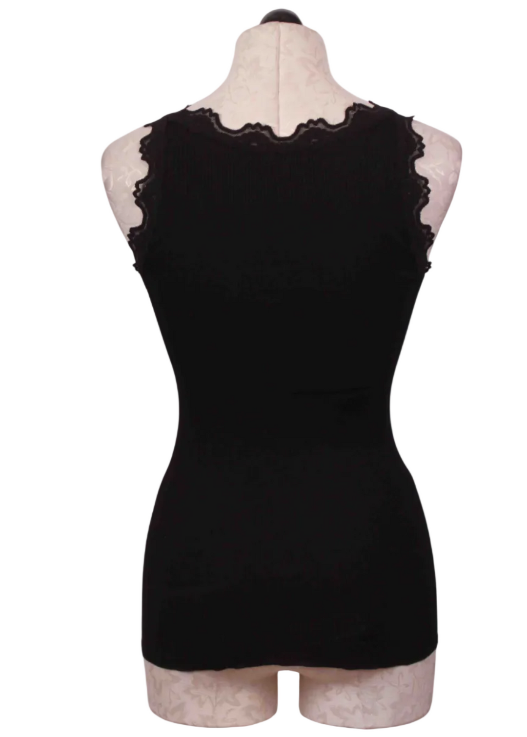 backl view of black Babette Silk Cami with Vintage Lace by Rosemunde