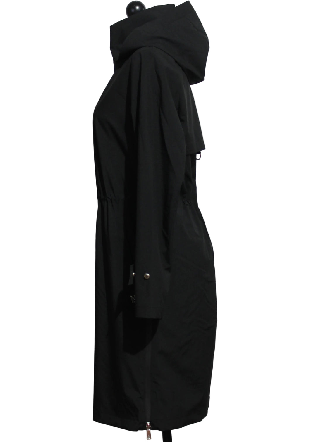 side view of Black Waterproof Hooded Raincoat by Nikki Jones 